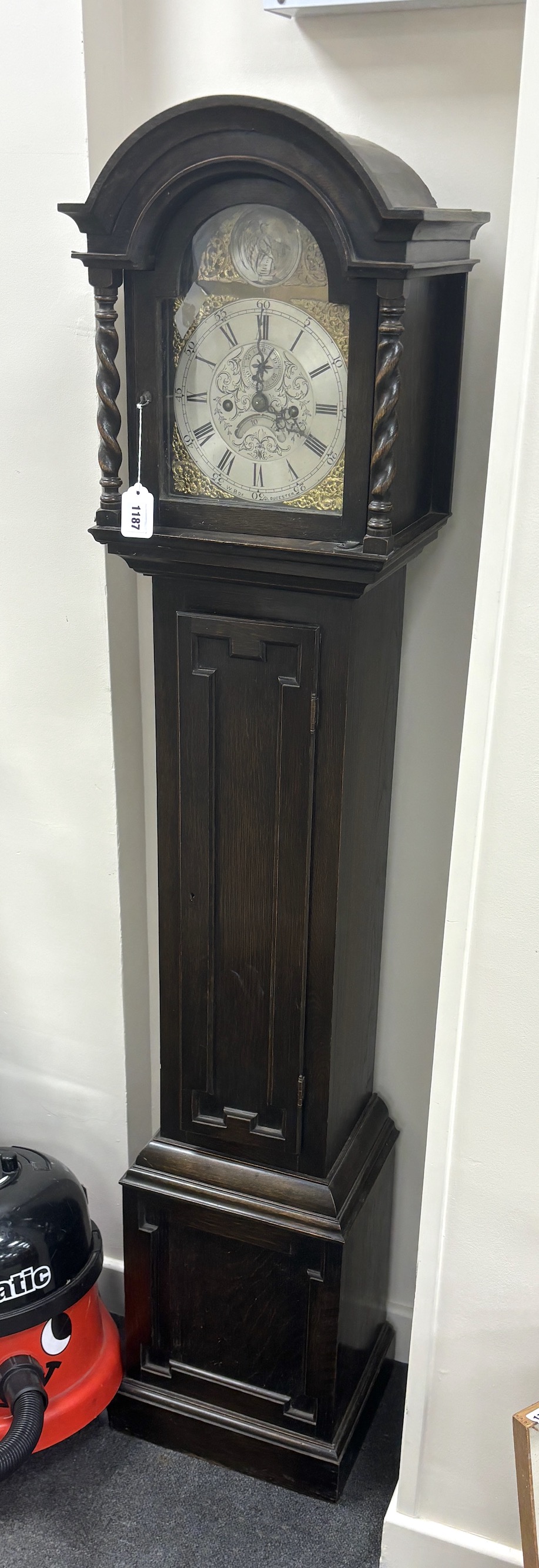 An early 20th century oak grandmother clock, arched dial marked W. Box, Gloucester, height 172cm